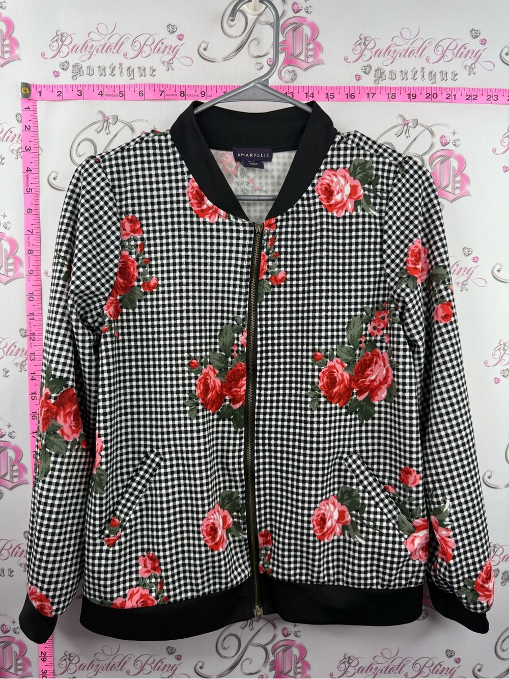 Amaryllis sweater Black-and-White Gingham Bomber Jacket with Red Floral Print
